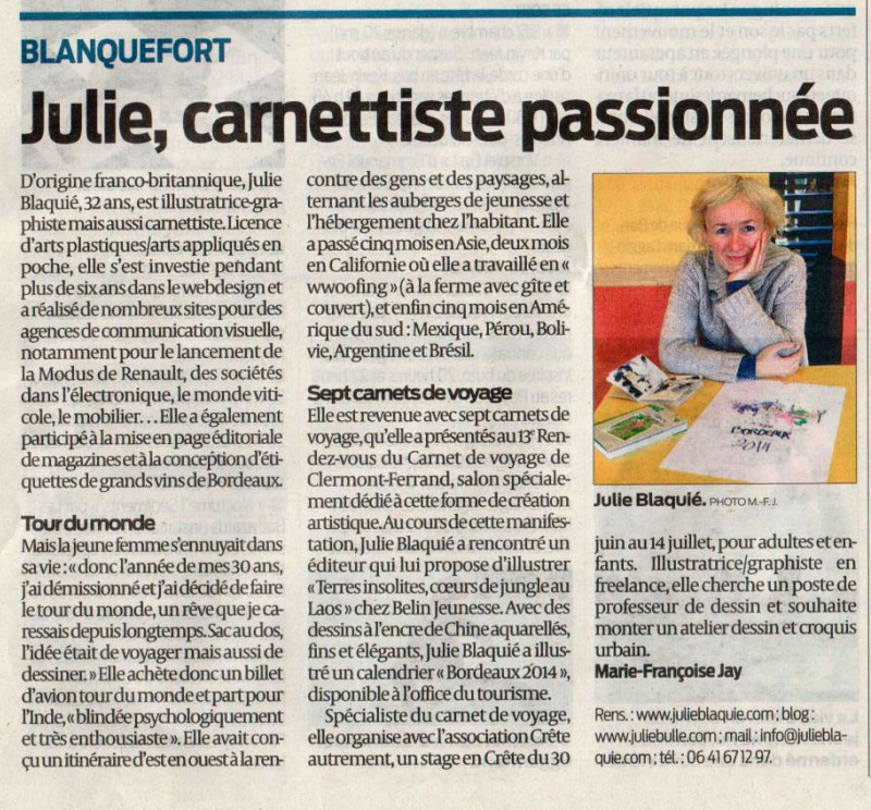 Julie, carnettiste passionnée, Article dans Sud Ouest